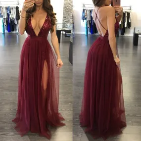 Sexy Backless Deep V Neck Long Backless Maxi Dress