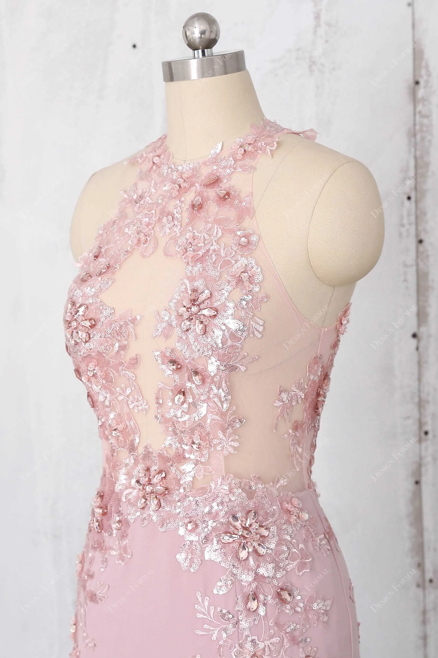 Sexy Illusion Beaded Lace Bodice Dusty Pink Prom Dress