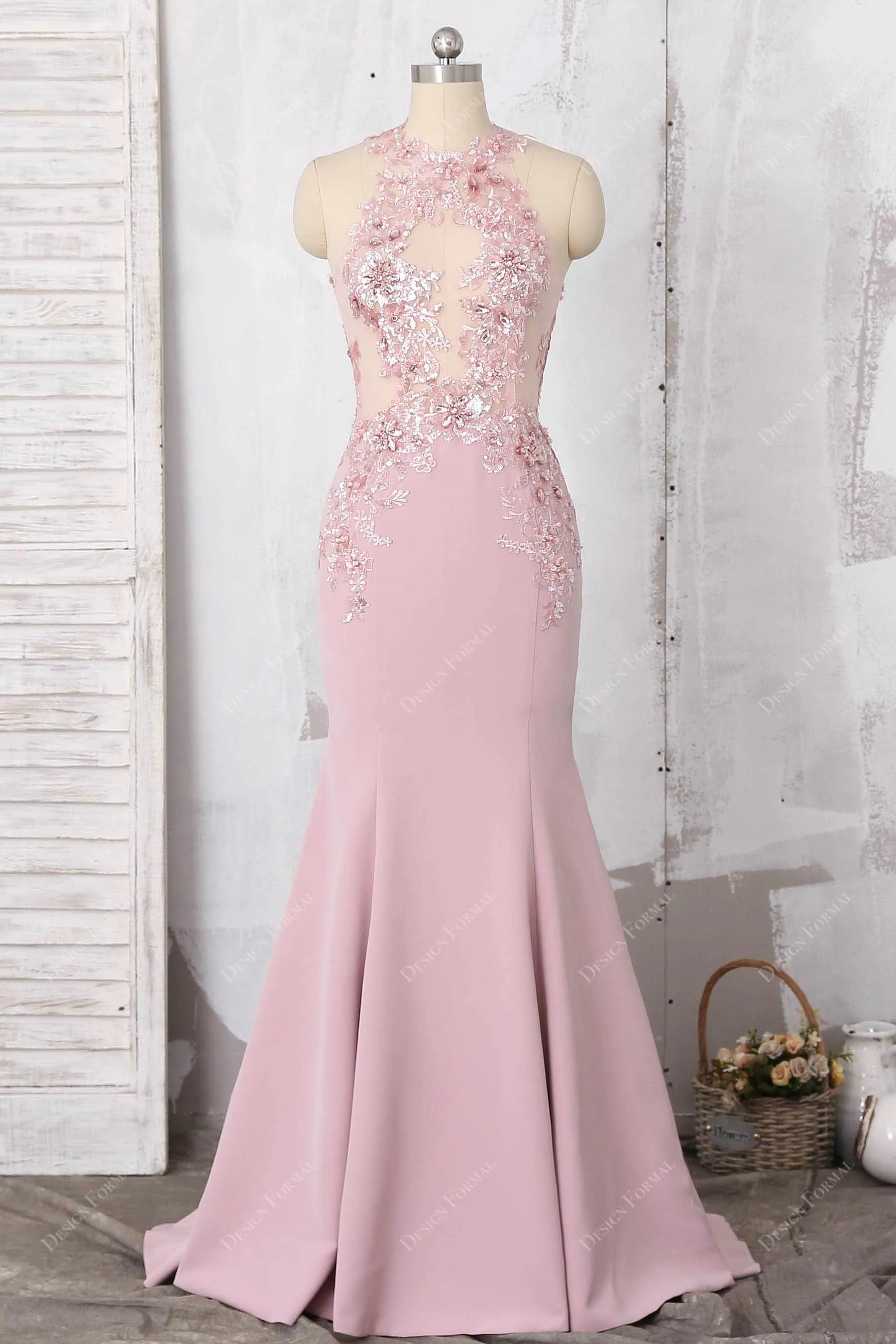 Sexy Illusion Beaded Lace Bodice Dusty Pink Prom Dress