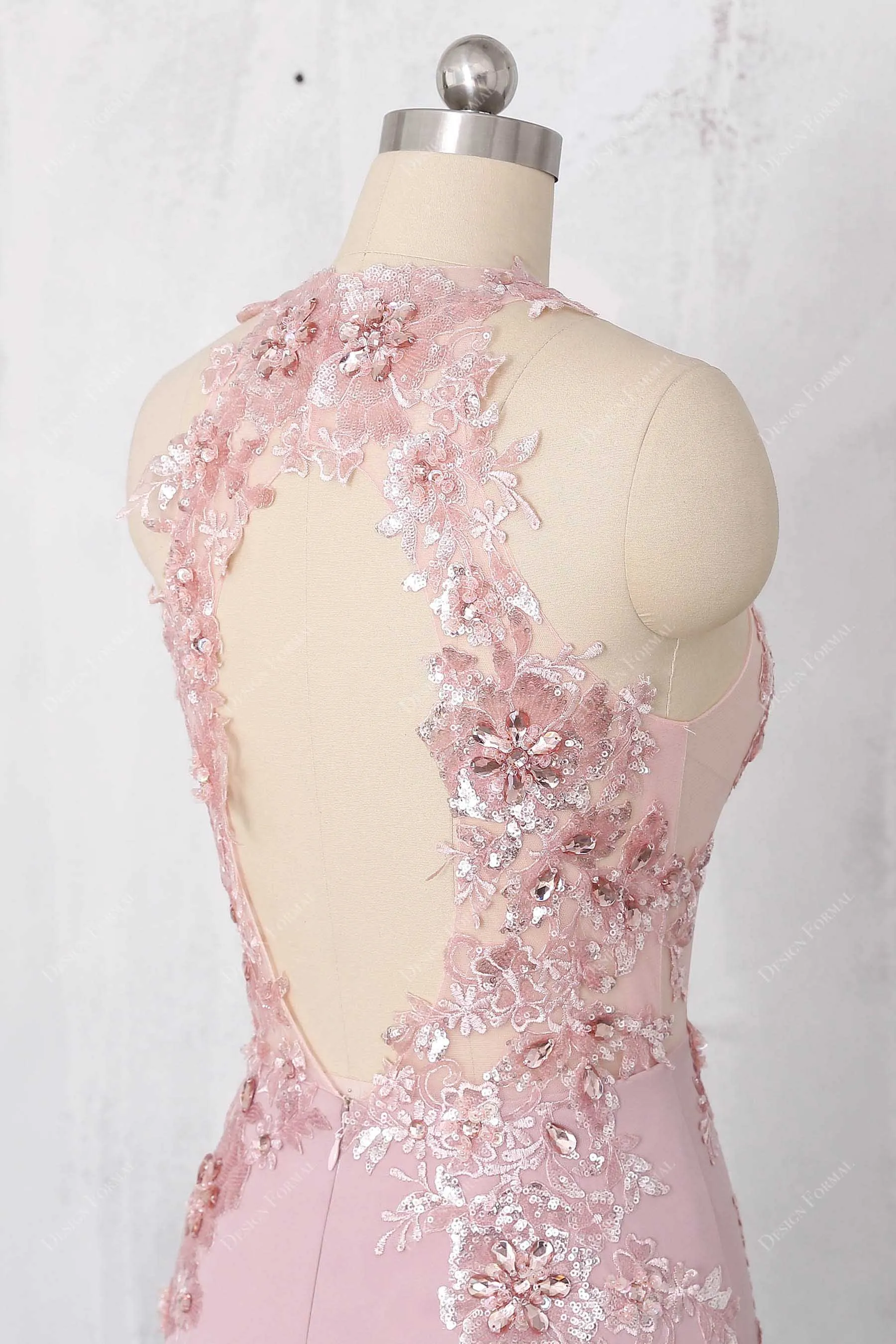 Sexy Illusion Beaded Lace Bodice Dusty Pink Prom Dress