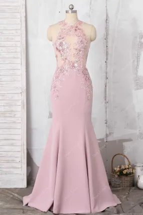 Sexy Illusion Beaded Lace Bodice Dusty Pink Prom Dress