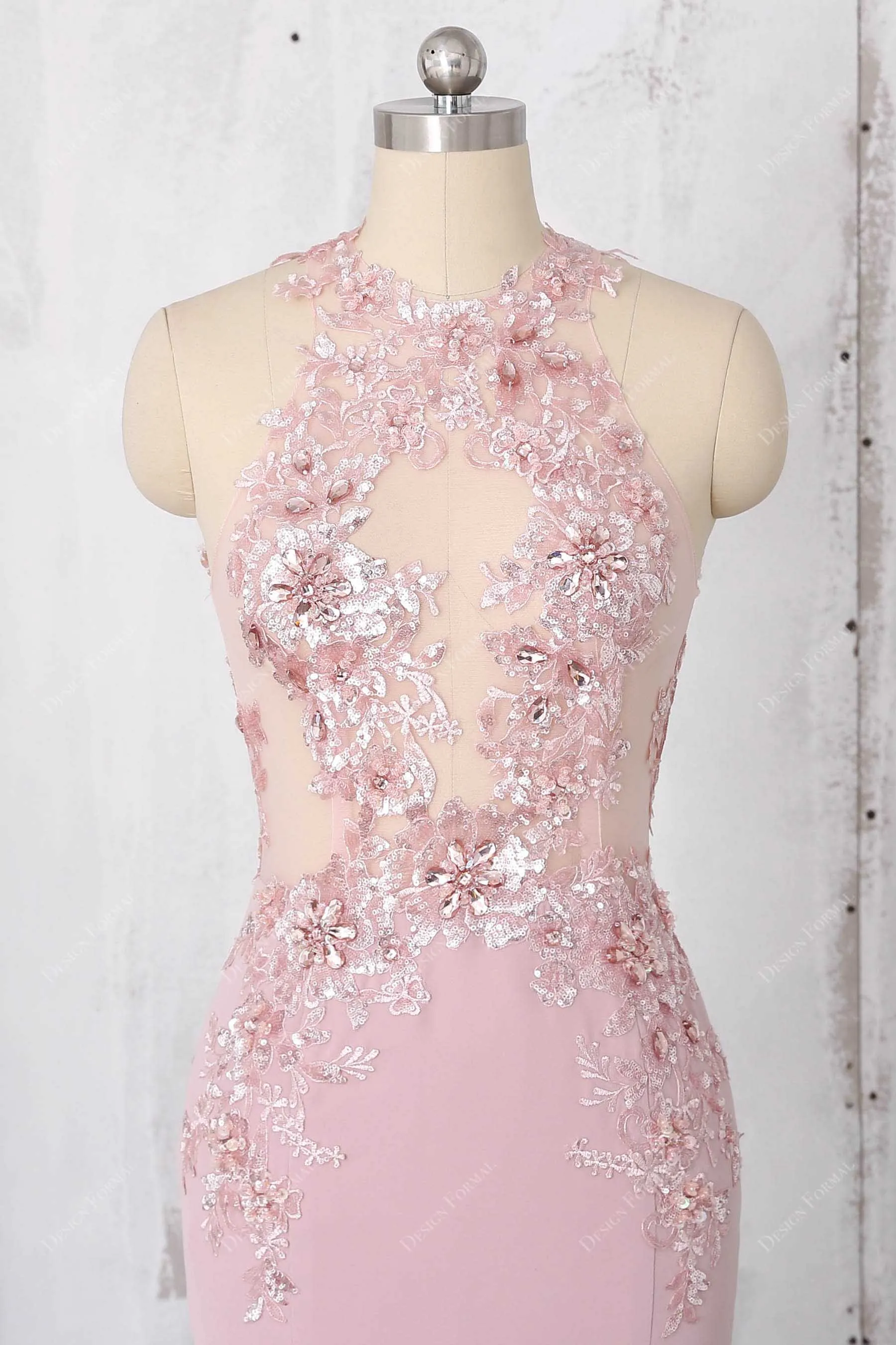 Sexy Illusion Beaded Lace Bodice Dusty Pink Prom Dress