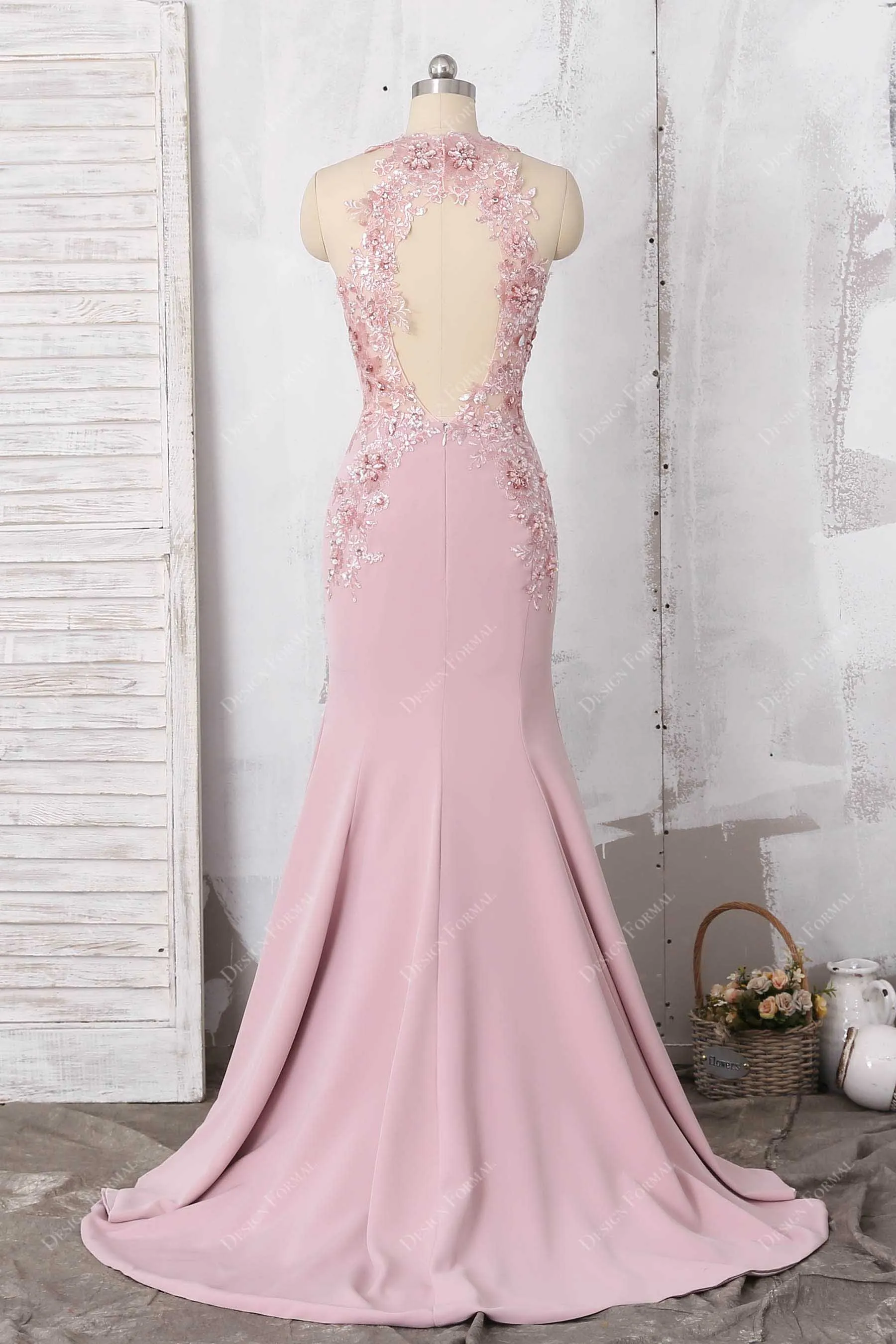 Sexy Illusion Beaded Lace Bodice Dusty Pink Prom Dress