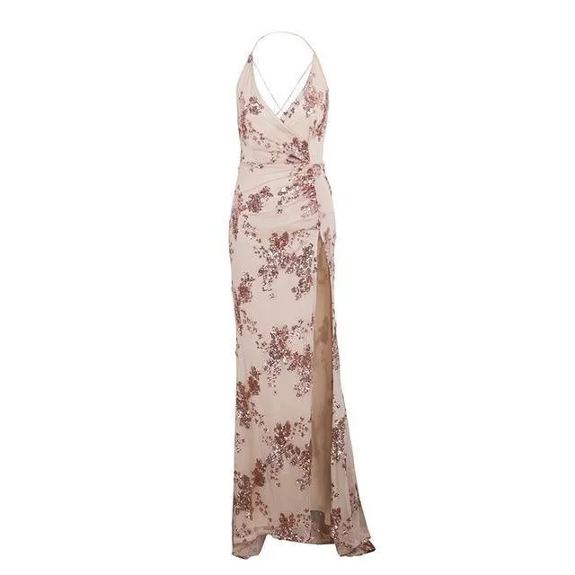 Sexy Lace Up Halter Sequin Party Split Maxi Dress