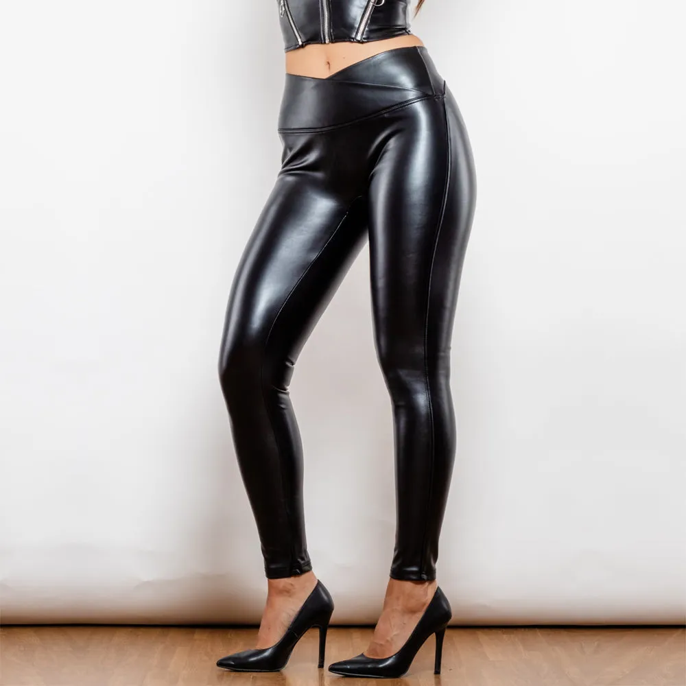 Shascullfites Melody Black High Waist Leather V Shaped Waistband Leggings X Cross Leggings Pu Leather Leggings