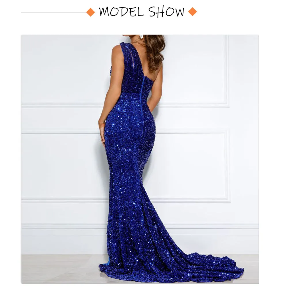 Shiny Royal Blue Hollow Out Velvet Cocktail Gown Stretchy Slit Leg One Shoulder Sleeveless Wedding Party Formal Maxi Dress