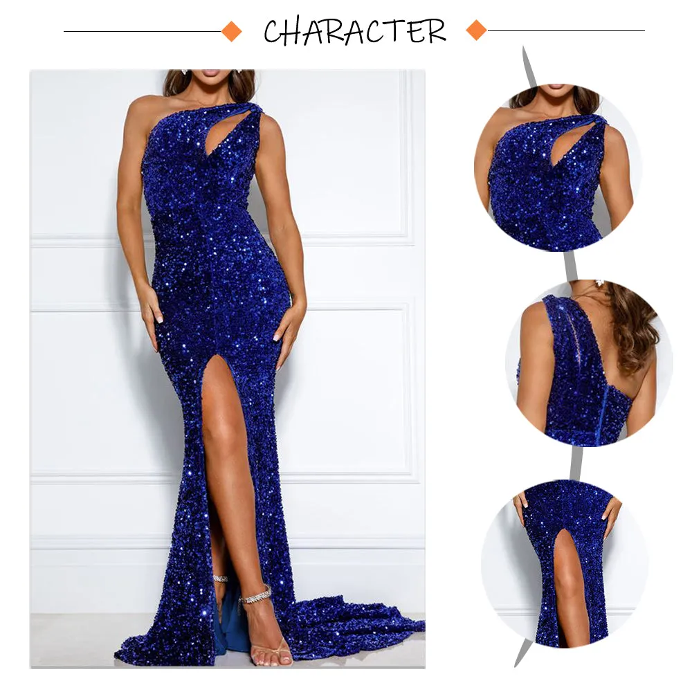 Shiny Royal Blue Hollow Out Velvet Cocktail Gown Stretchy Slit Leg One Shoulder Sleeveless Wedding Party Formal Maxi Dress