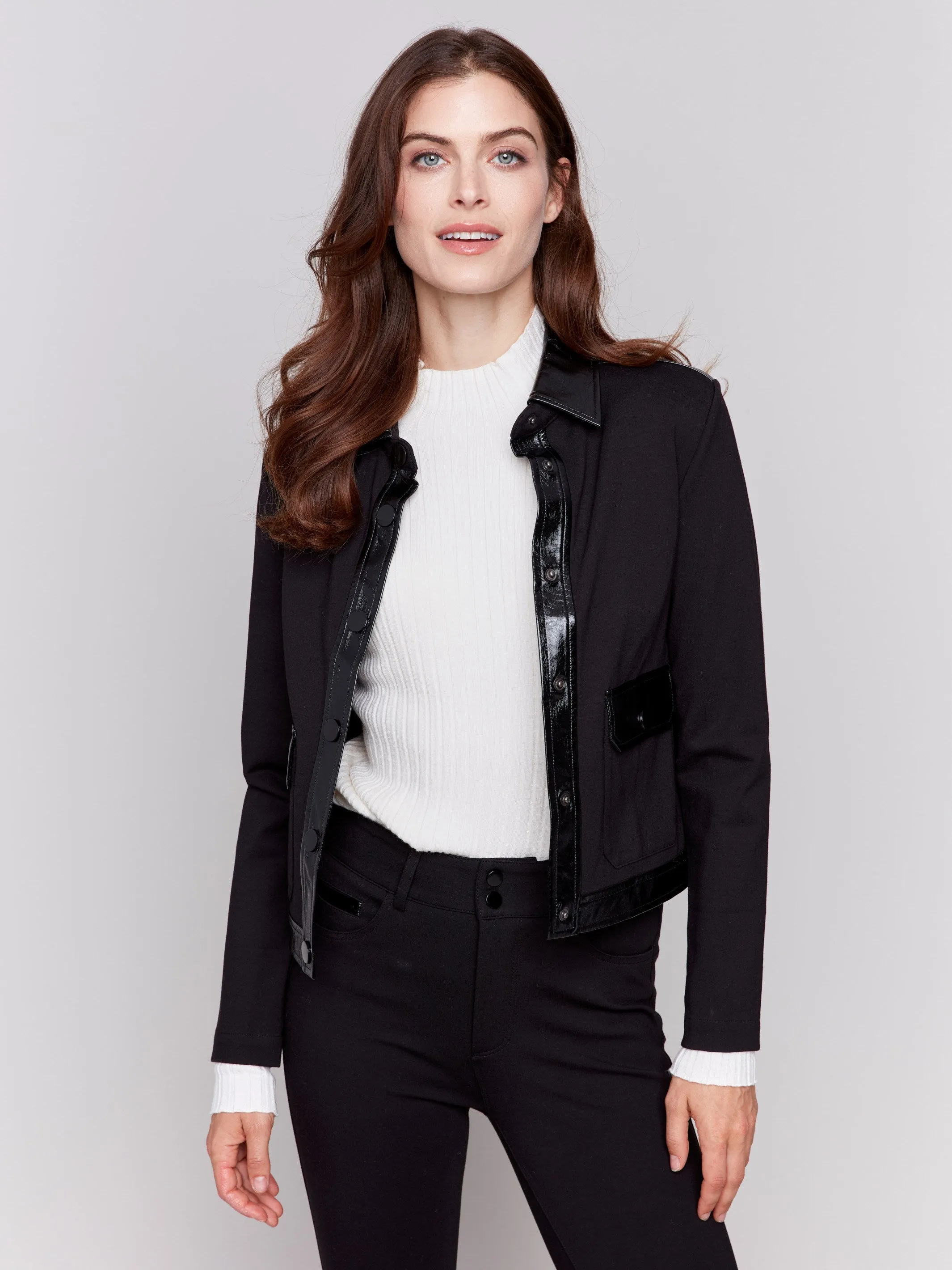 Short Ponte Knit Jacket with Vinyl Trim - Black