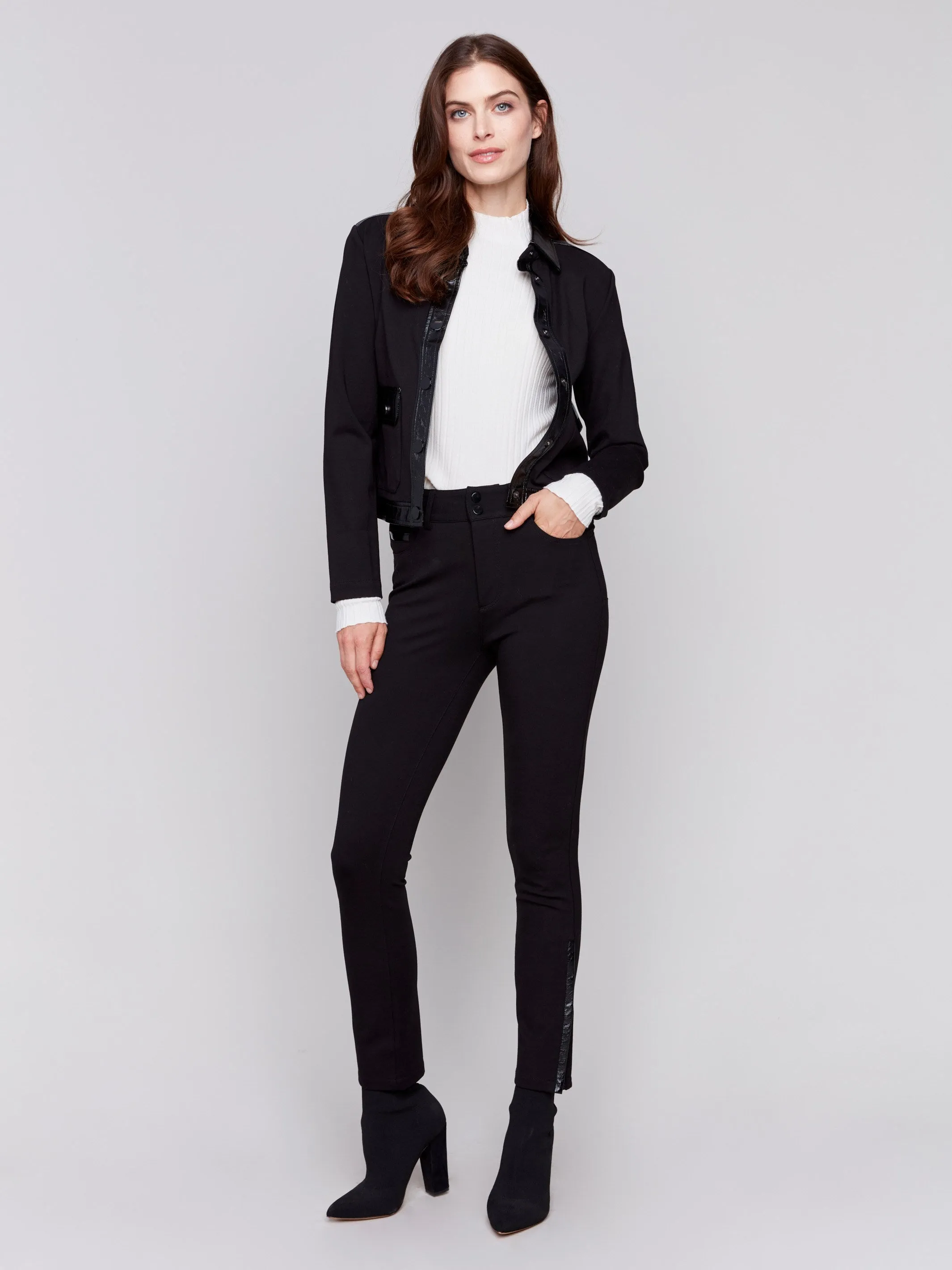 Short Ponte Knit Jacket with Vinyl Trim - Black