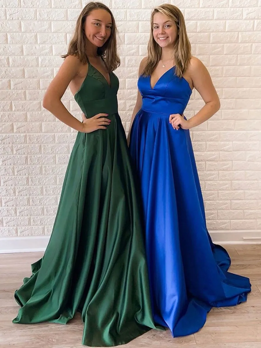 Simple A Line V Neck Backless Dark Green/Royal Blue Prom, Open Back Dark Green/Royal Blue Formal Graduation Evening