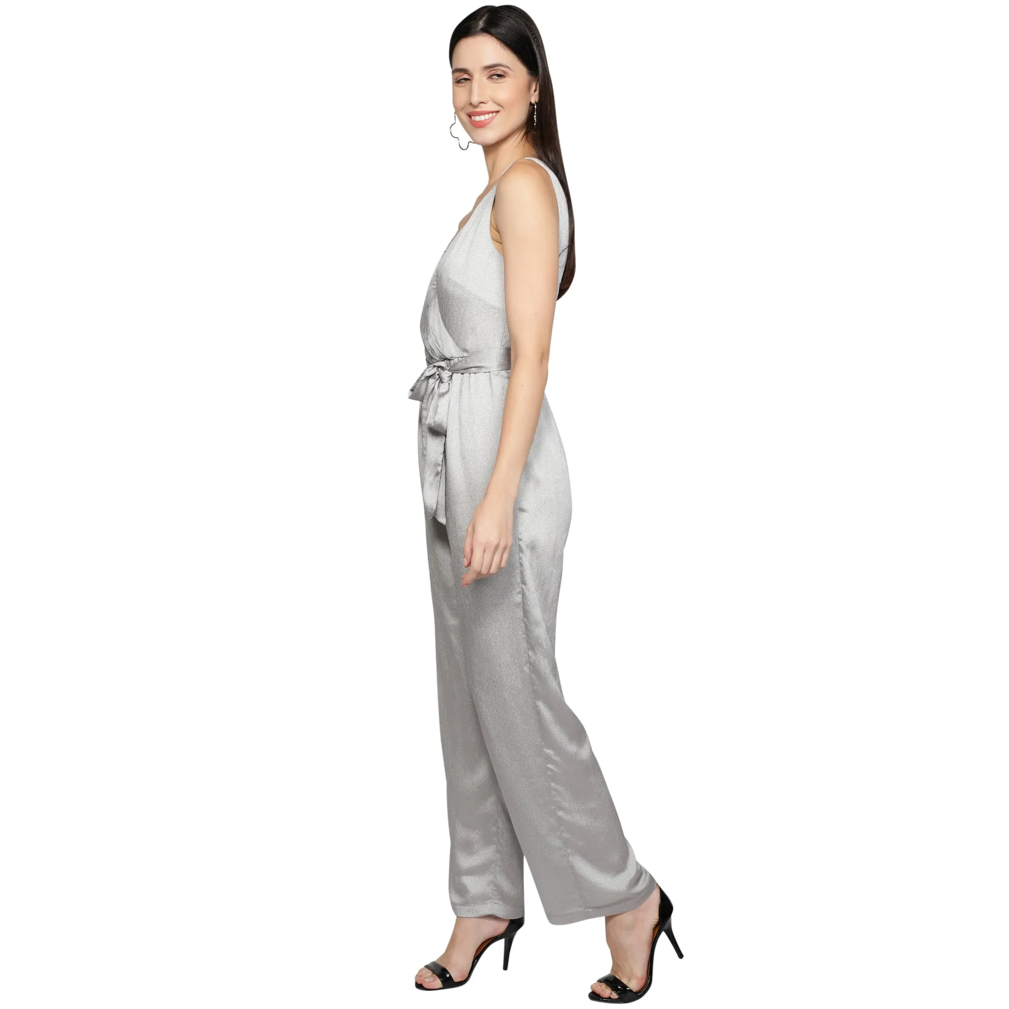 SLAY. Women's Silver Poly Shimmer Jumpsuit with waist belt