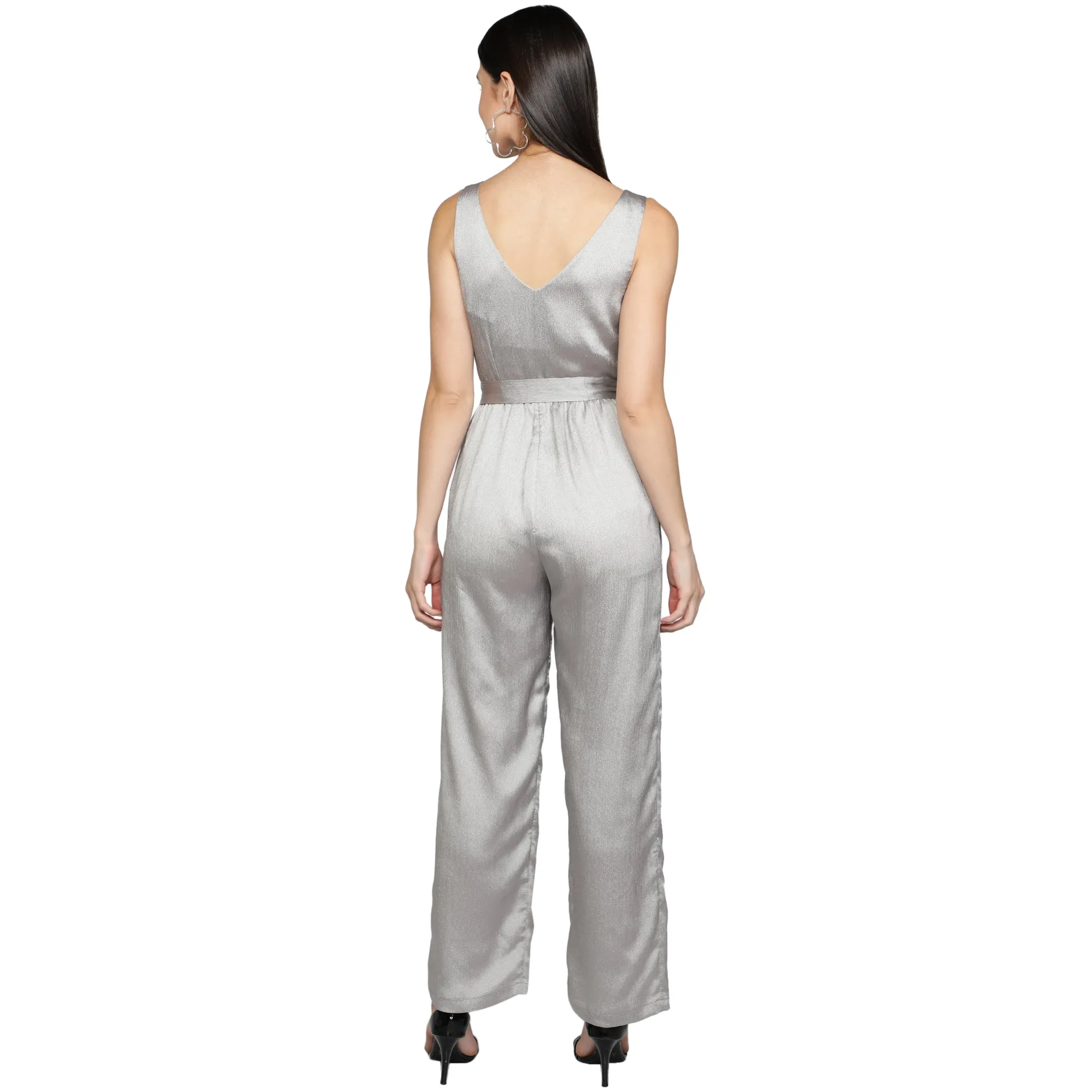 SLAY. Women's Silver Poly Shimmer Jumpsuit with waist belt