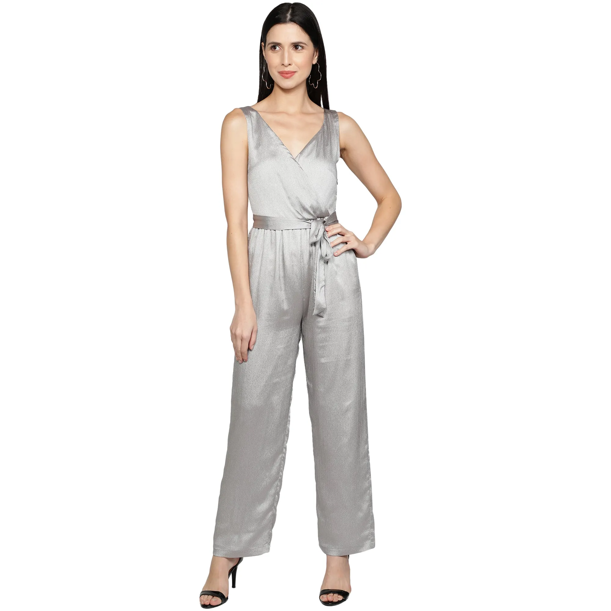 SLAY. Women's Silver Poly Shimmer Jumpsuit with waist belt