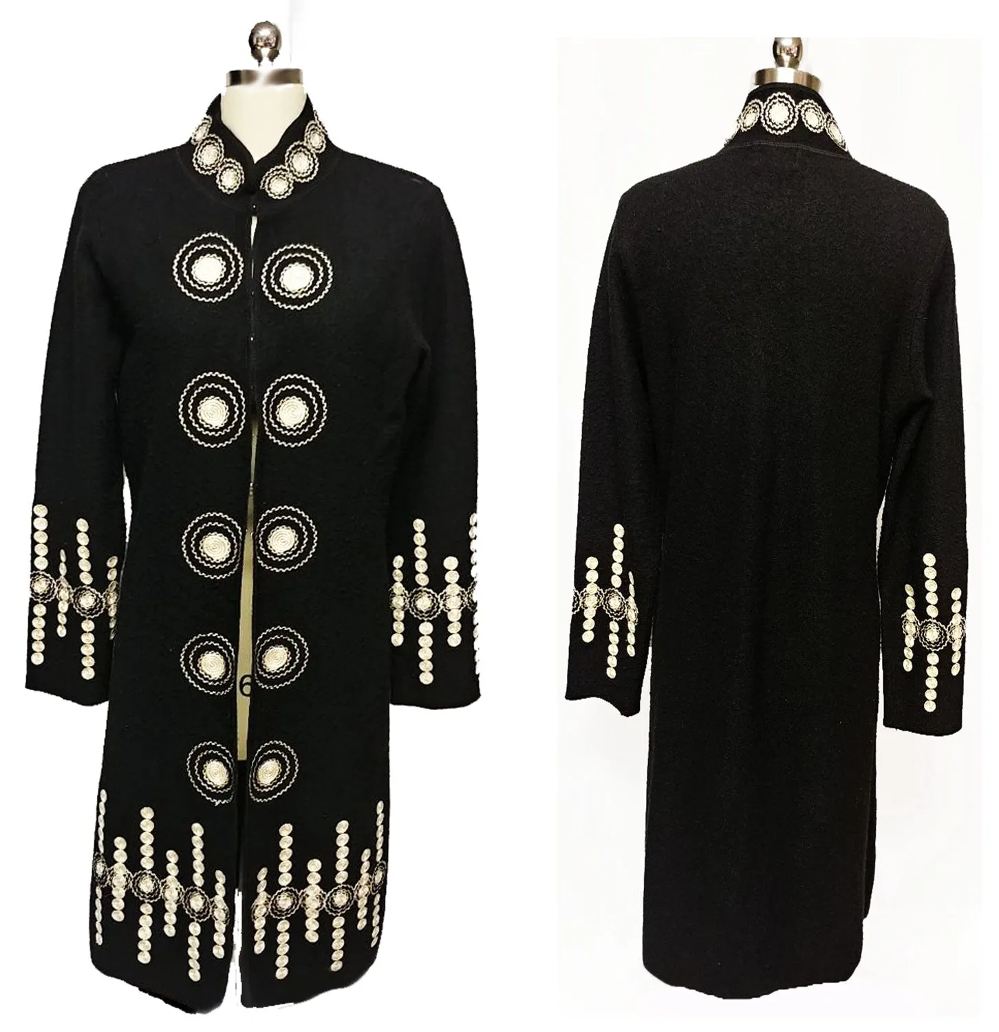 SOLD - GORGEOUS SOPHISTICATED NEIMAN MARCUS EXCLUSIVE WOOL COAT ADORNED WITH CREAM WOVEN ACCENTS