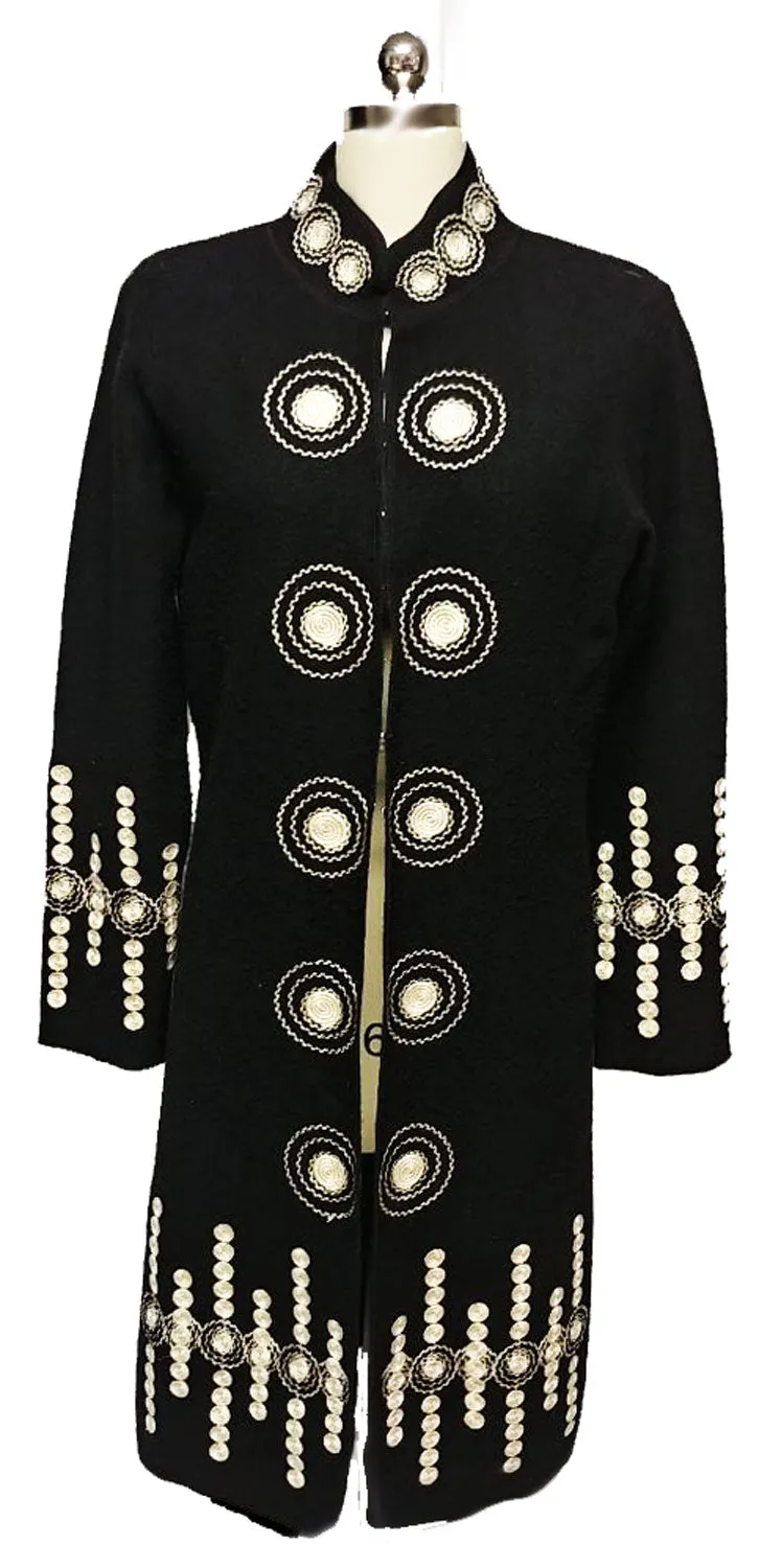 SOLD - GORGEOUS SOPHISTICATED NEIMAN MARCUS EXCLUSIVE WOOL COAT ADORNED WITH CREAM WOVEN ACCENTS