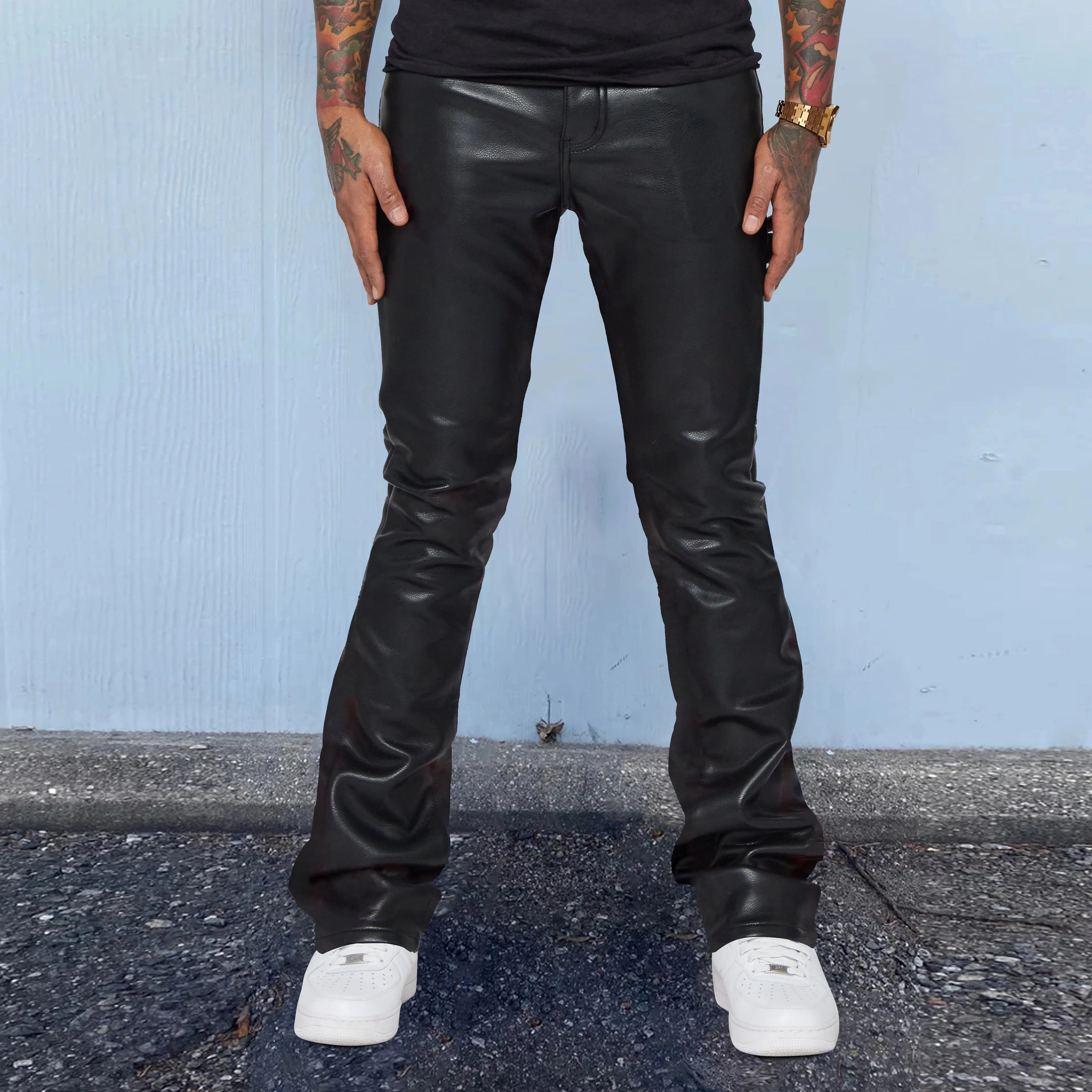 Solid color PU leather slim fit flared casual pants