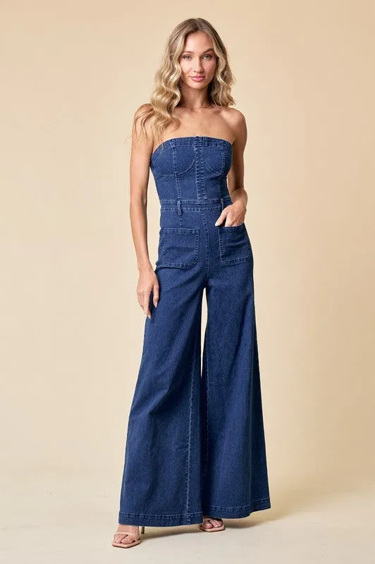 Sophia Off the Shoulder Wide Leg Jumpsuit Denim