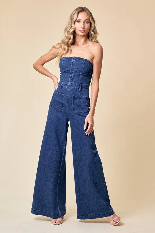 Sophia Off the Shoulder Wide Leg Jumpsuit Denim