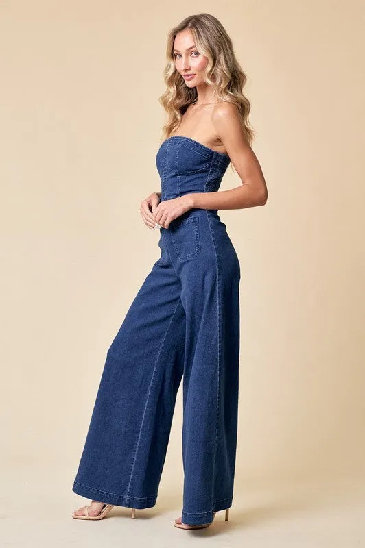 Sophia Off the Shoulder Wide Leg Jumpsuit Denim