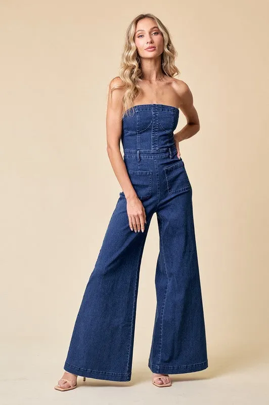 Sophia Off the Shoulder Wide Leg Jumpsuit Denim