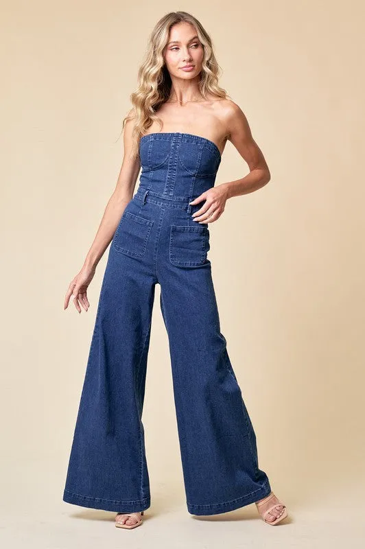 Sophia Off the Shoulder Wide Leg Jumpsuit Denim