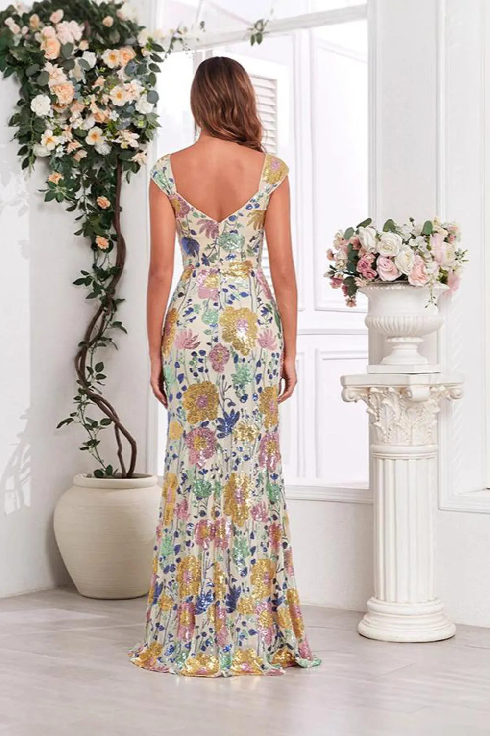 Sparkly Golden Floral Sequined Mermaid Maxi Dress