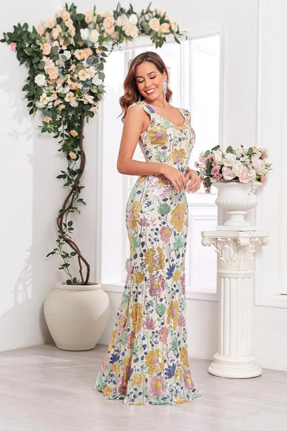 Sparkly Golden Floral Sequined Mermaid Maxi Dress