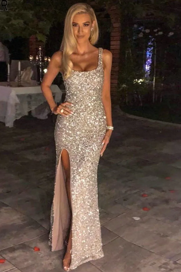 Square Neck Sequined Slit Maxi Evening Dress, Long Prom Dresses