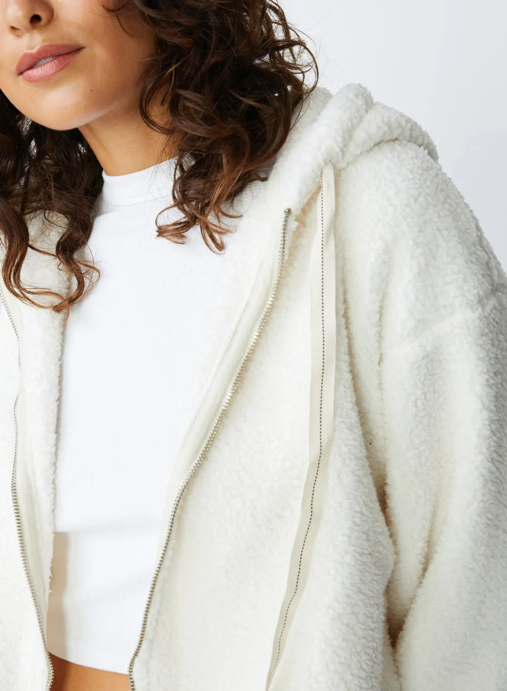 Stateside Double Face Sherpa Hooded Zip Jacket in Cream