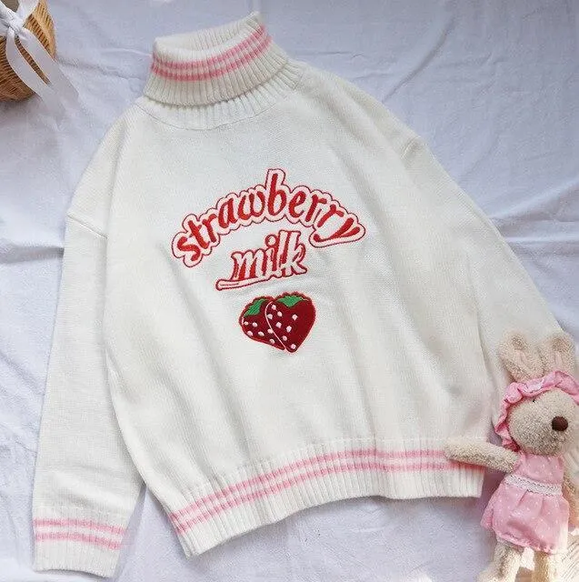 Strawberry Milk Turtleneck Knitted Sweater