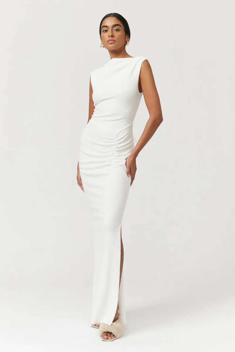 SUBOO JACQUI ROUCHED FRONT MAXI DRESS IN WHITE