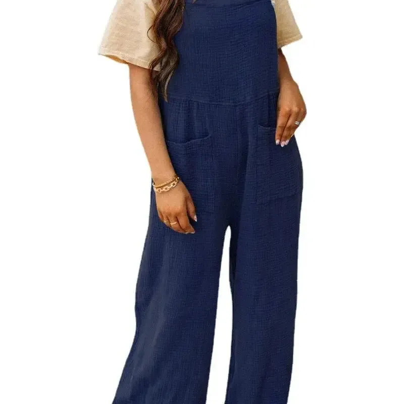 Summer New Women's Casual Solid Color Pocket Square Neck Loose Strap jumpsuit