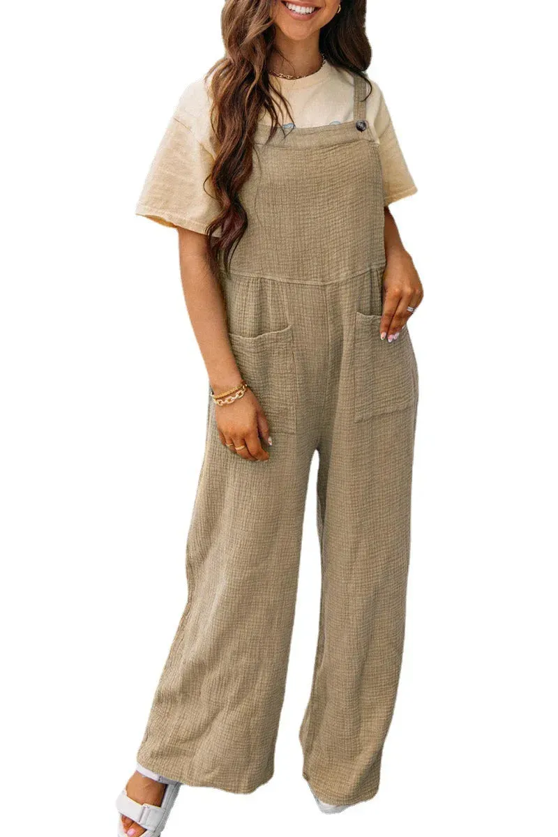 Summer New Women's Casual Solid Color Pocket Square Neck Loose Strap jumpsuit