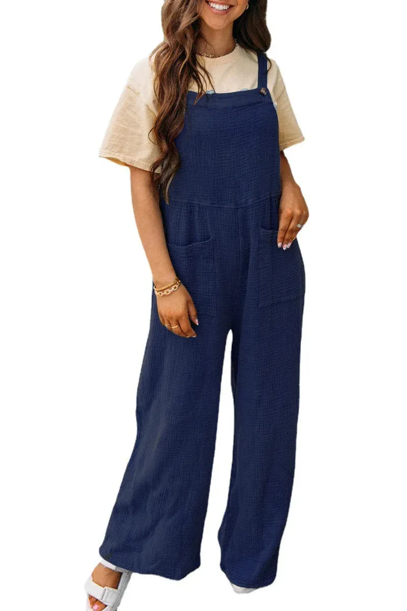 Summer New Women's Casual Solid Color Pocket Square Neck Loose Strap jumpsuit