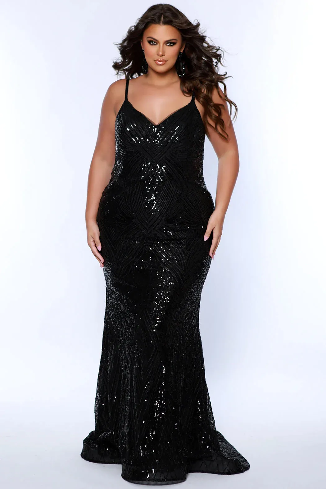 Sydney's Closet SC7340 Rose Gold Fitted Evening Gown Sequins V Neckline Plus Size Prom Dress