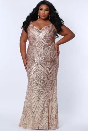 Sydney's Closet SC7340 Rose Gold Fitted Evening Gown Sequins V Neckline Plus Size Prom Dress