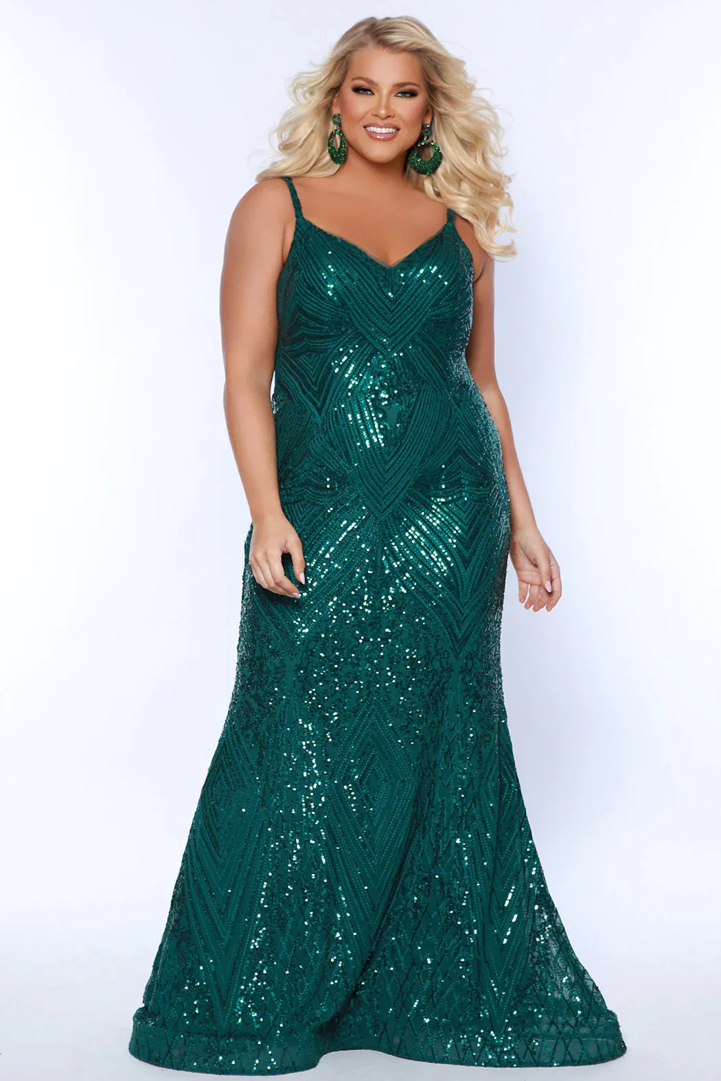 Sydney's Closet SC7340 Rose Gold Fitted Evening Gown Sequins V Neckline Plus Size Prom Dress