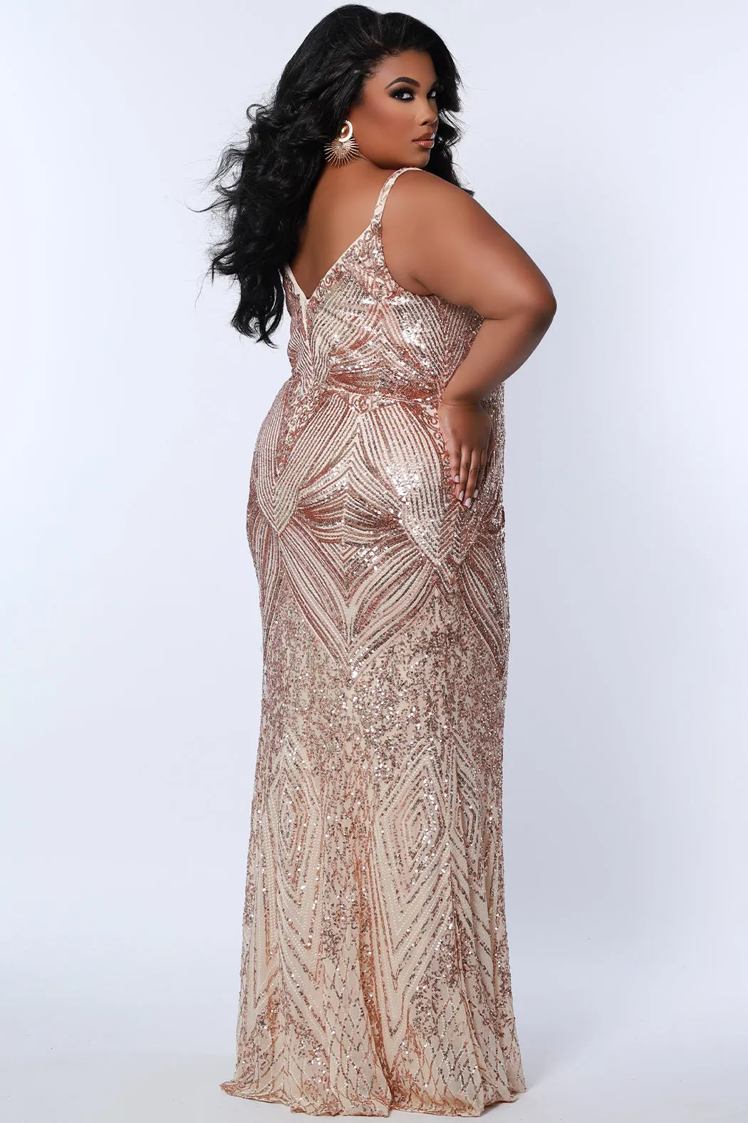 Sydney's Closet SC7340 Rose Gold Fitted Evening Gown Sequins V Neckline Plus Size Prom Dress