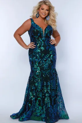 Sydneys Closet SC7368 Long Prom Dress Mermaid Plus Size Sequin V Neck Train Formal Gown