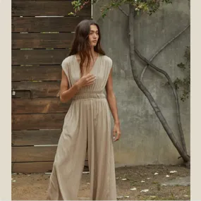 Taupe Striped Sleeveless Jumpsuit