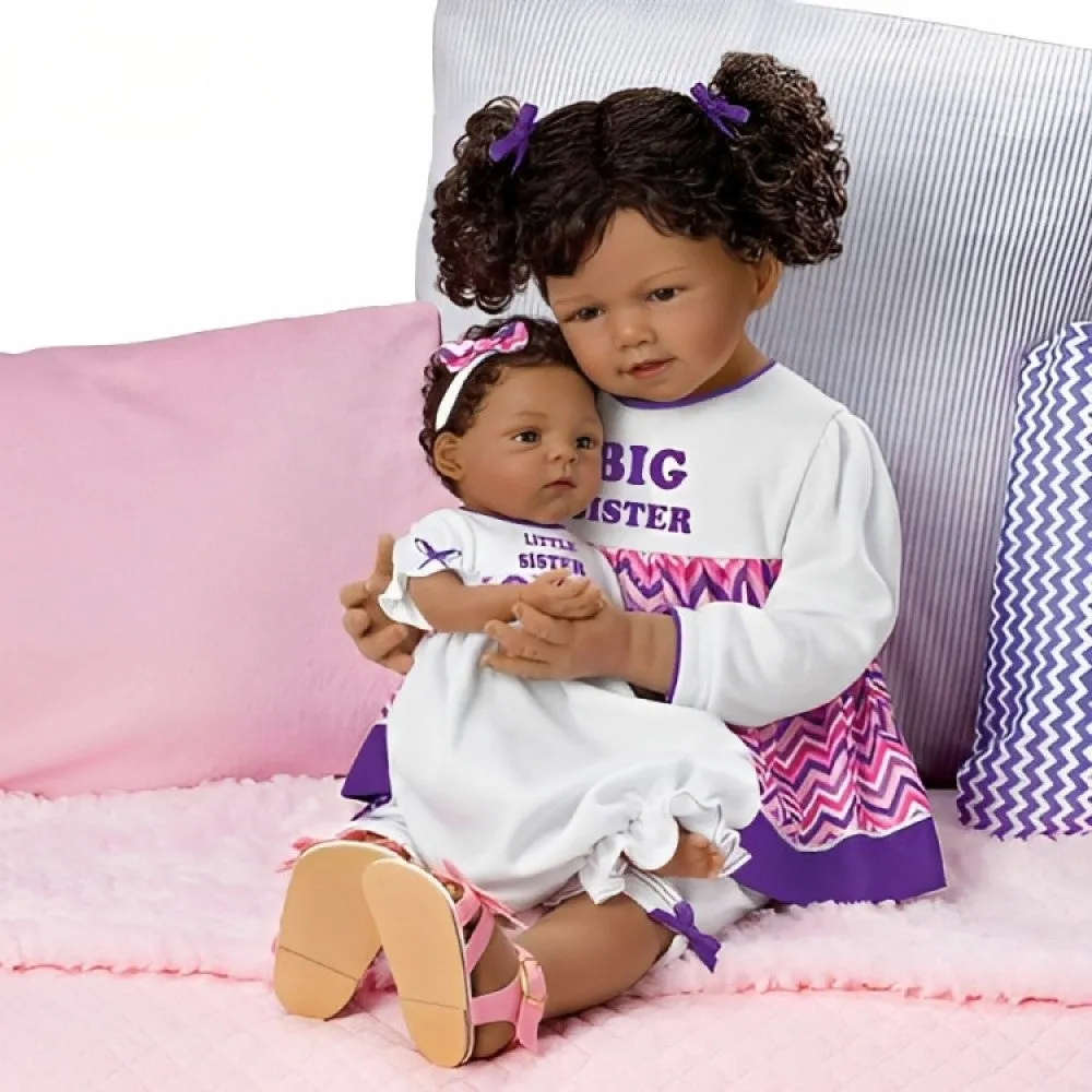 The Ashton - Drake Galleries A Sister's Love Child And Baby So Truly Real® Lifelike With RealTouch® Vinyl Skin African American Wear Hand-Finished Outfits Poseable Doll Set by Waltraud Hanl 24-inches