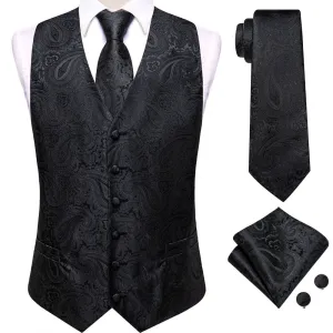 Ties2you Pure Black Floral Pattern V-Neck Silk Vest Necktie Set