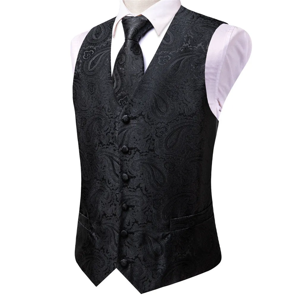 Ties2you Pure Black Floral Pattern V-Neck Silk Vest Necktie Set