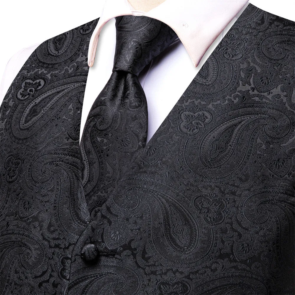 Ties2you Pure Black Floral Pattern V-Neck Silk Vest Necktie Set