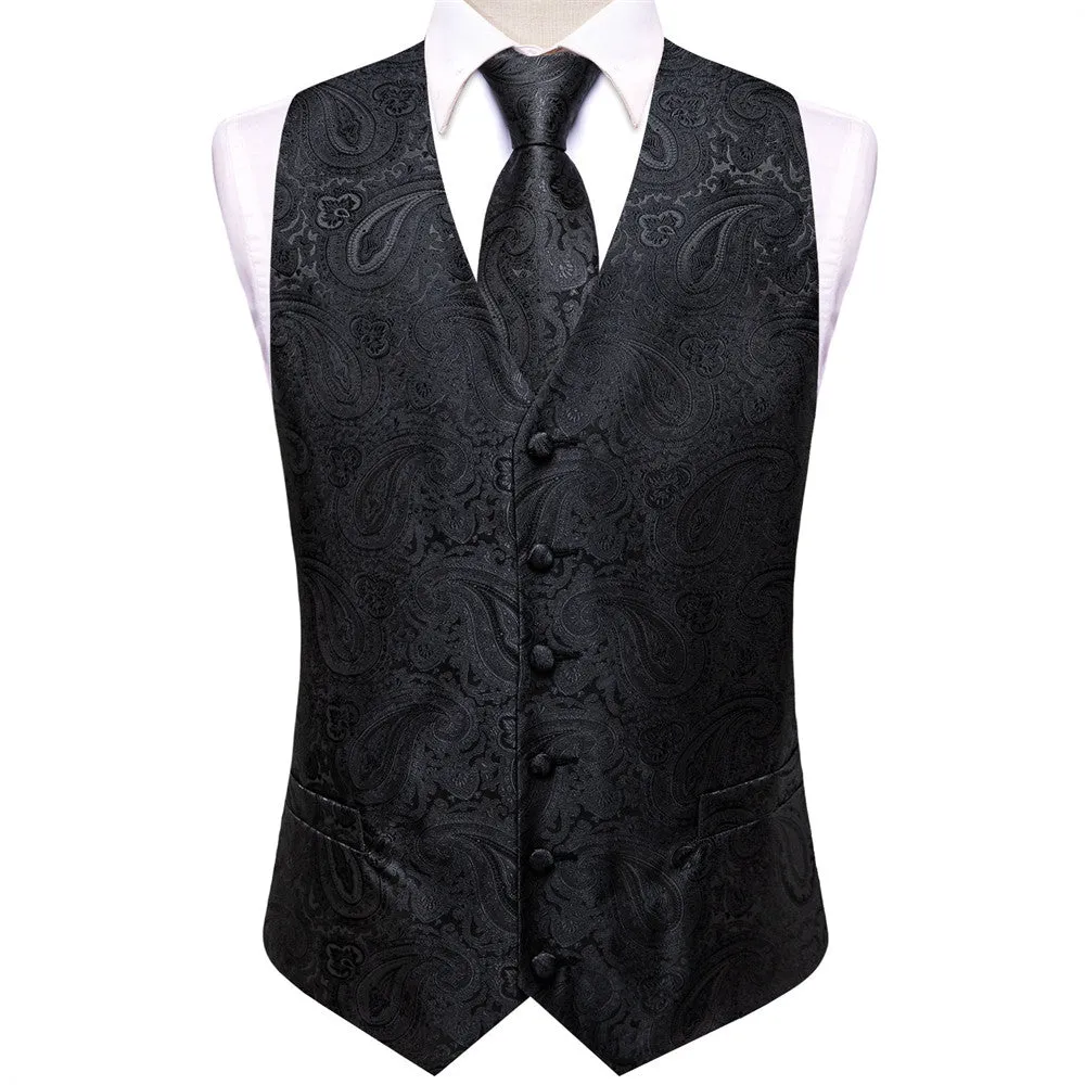 Ties2you Pure Black Floral Pattern V-Neck Silk Vest Necktie Set