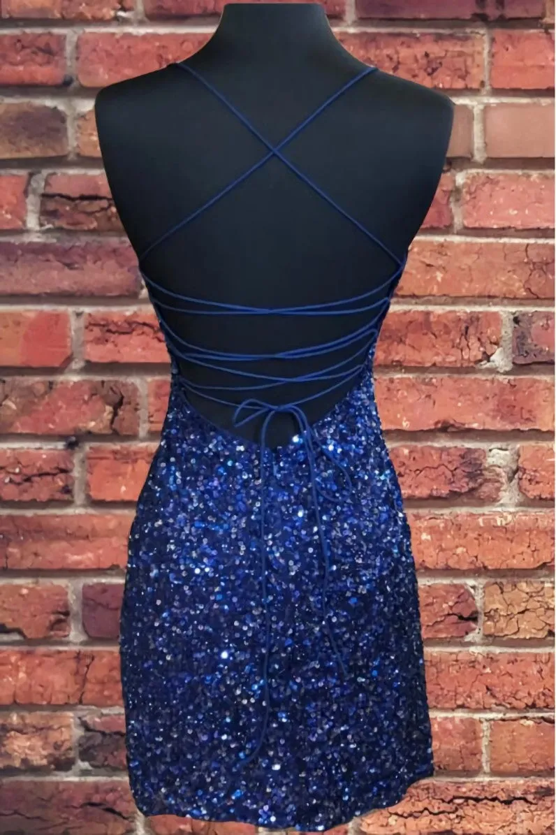 Tight Navy Blue Sequin Short Homecoming Dresses Sparkly Party Dress