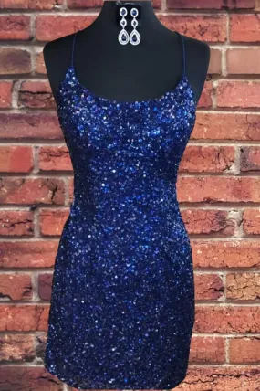 Tight Navy Blue Sequin Short Homecoming Dresses Sparkly Party Dress