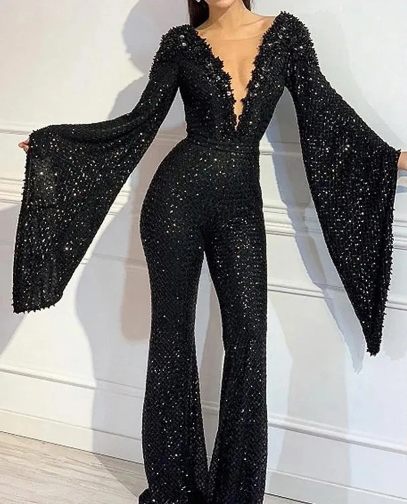 Trendy Black Sequin Flare Sleeve Jumpsuit