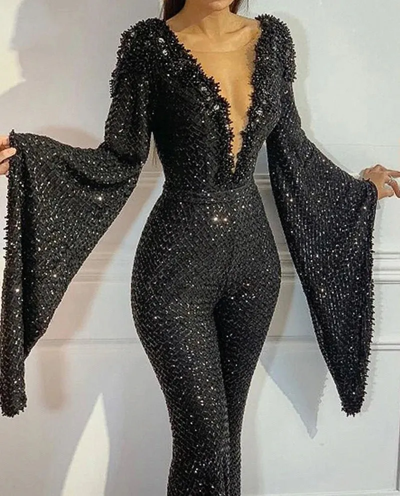 Trendy Black Sequin Flare Sleeve Jumpsuit