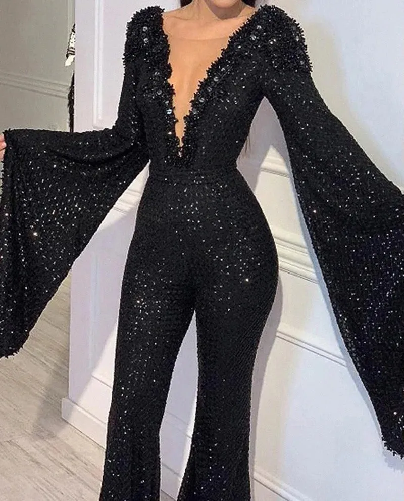 Trendy Black Sequin Flare Sleeve Jumpsuit